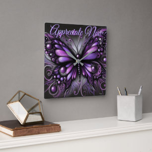 Whimsical Gothic Butterfly Purple Personalized Square Wall Clock