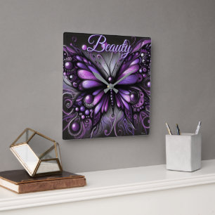 Whimsical Gothic Butterfly Purple Personalized Square Wall Clock