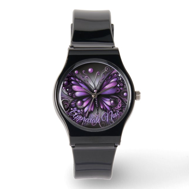Whimsical Gothic Butterfly Purple Personalized Watch (Front)