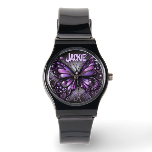 Whimsical Gothic Butterfly Purple Personalized Watch (Front)