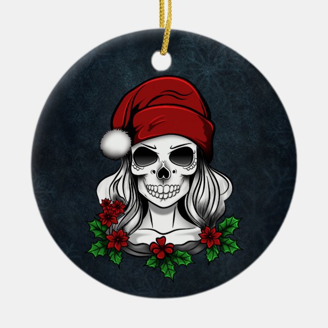 Whimsical Gothic Santa Skull Christmas Ceramic Ornament (Front)