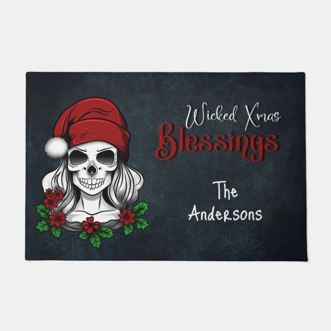 Whimsical Gothic Santa Skull Christmas Doormat (Front)
