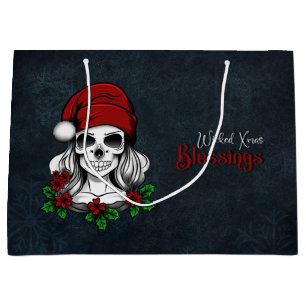 Whimsical Gothic Santa Skull Christmas Large Gift Bag