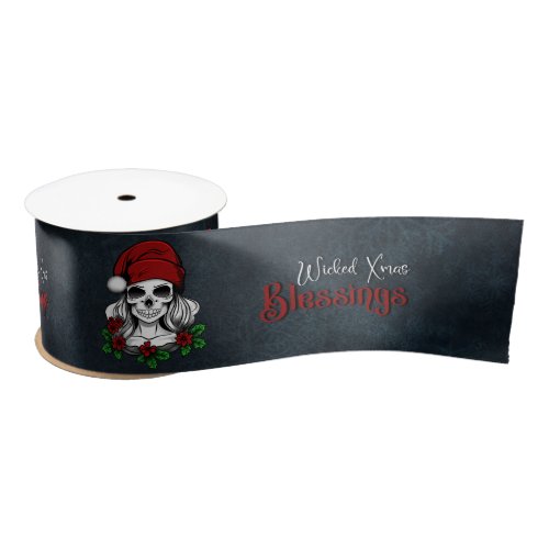 Whimsical Gothic Santa Skull Christmas Satin Ribbon