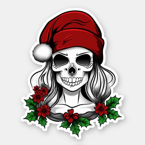 Whimsical Gothic Santa Skull Christmas Sticker