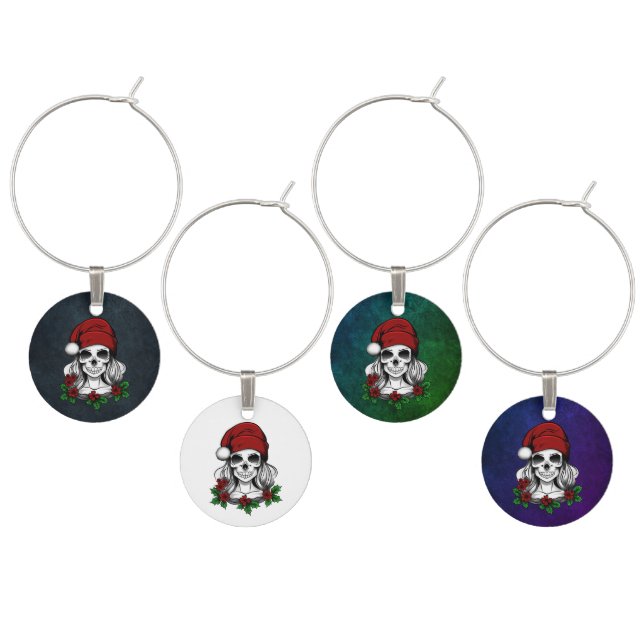 Whimsical Gothic Santa Skull Christmas Wine Charm (Staggered)