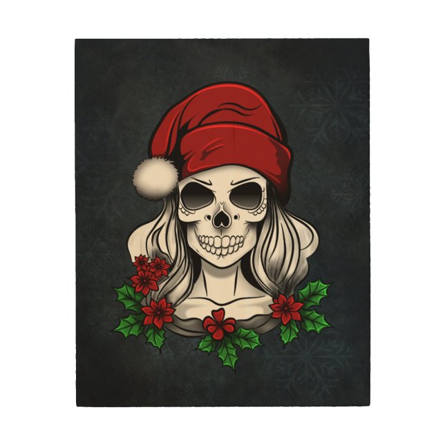 Whimsical Gothic Santa Skull Christmas Wood Wall Art (Front)