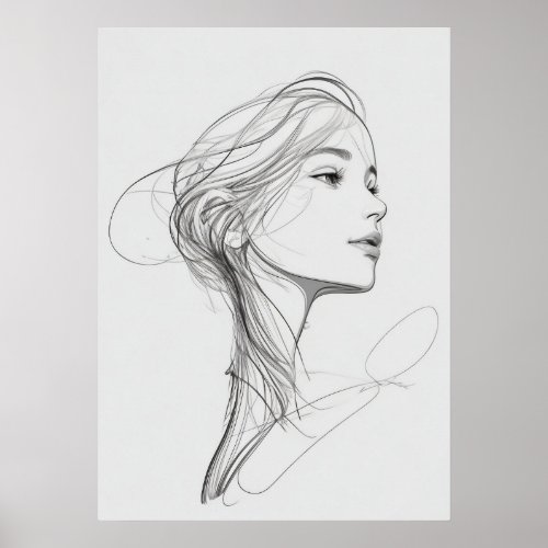 Whimsical Graceful Woman Head Portrait Line Art Poster