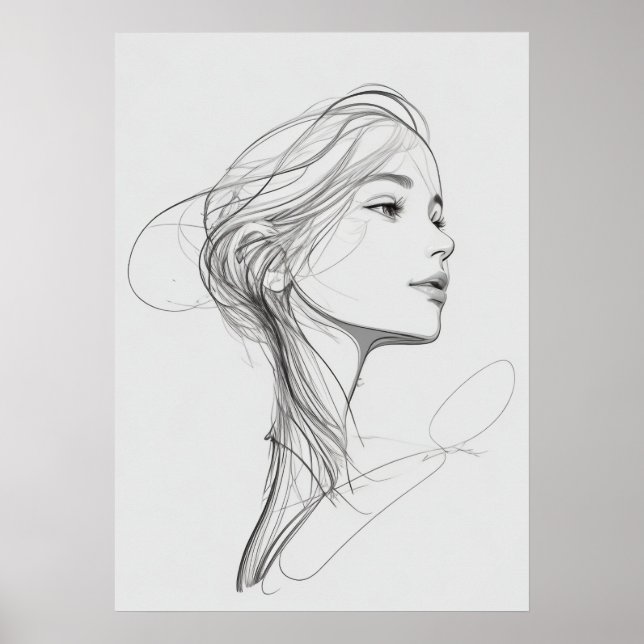 Whimsical Graceful Woman Head Portrait Line Art Poster (Front)