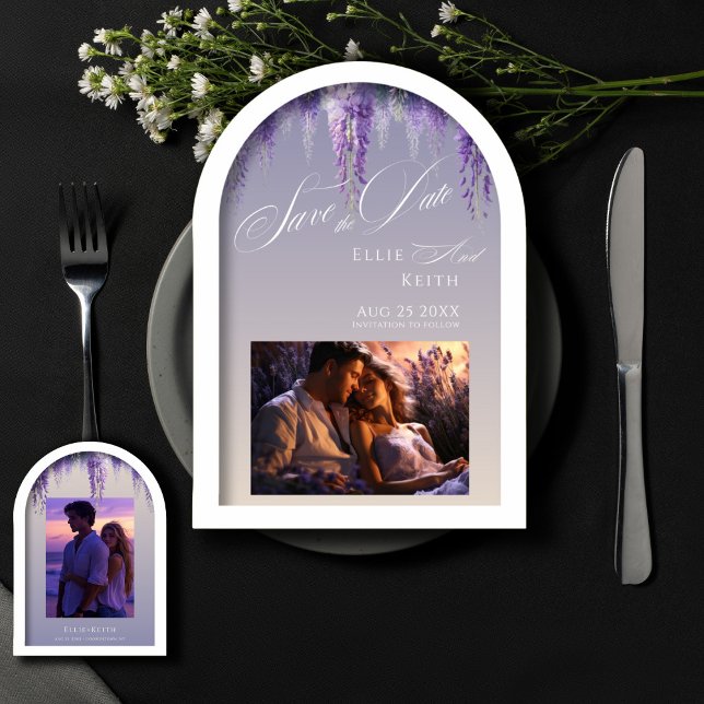 Whimsical Gradient Purple Floral 2 Photo 3D Arch Save The Date (Creator Uploaded)