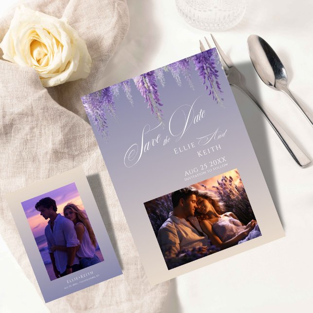 Whimsical Gradient Purple Floral 2 Photo Wedding Save The Date (Creator Uploaded)