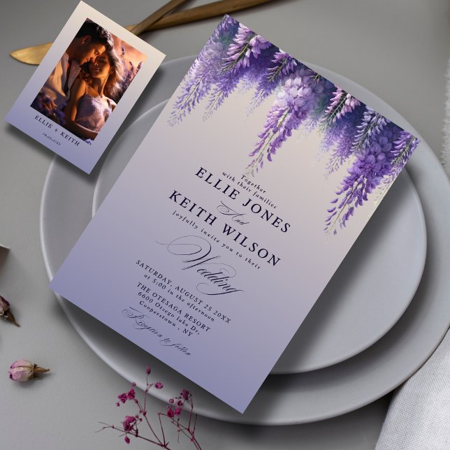 Whimsical Gradient Purple Floral Photo Wedding Invitation (Creator Uploaded)