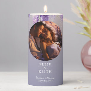 Whimsical Gradient Purple Floral Photo Wedding Pillar Candle