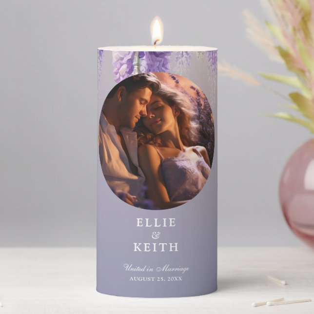 Whimsical Gradient Purple Floral Photo Wedding Pillar Candle (In Situ)