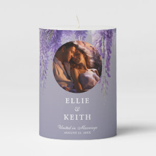 Whimsical Gradient Purple Floral Photo Wedding Pillar Candle
