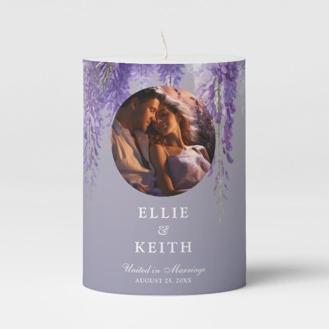 Whimsical Gradient Purple Floral Photo Wedding Pillar Candle (Front)