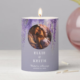 Whimsical Gradient Purple Floral Photo Wedding Pillar Candle