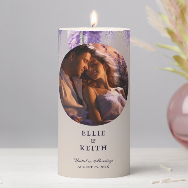 Whimsical Gradient Purple Floral Photo Wedding Pillar Candle (In Situ)