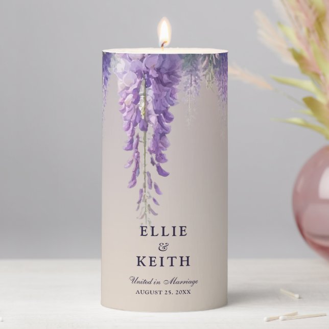 Whimsical Gradient Purple Floral Wedding Pillar Candle (In Situ)