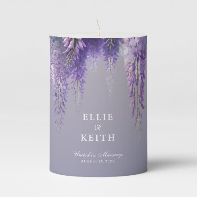 Whimsical Gradient Purple Floral Wedding Pillar Candle (Front)