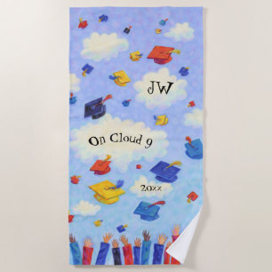 Whimsical Graduation Cap Toss Personalized Beach Towel