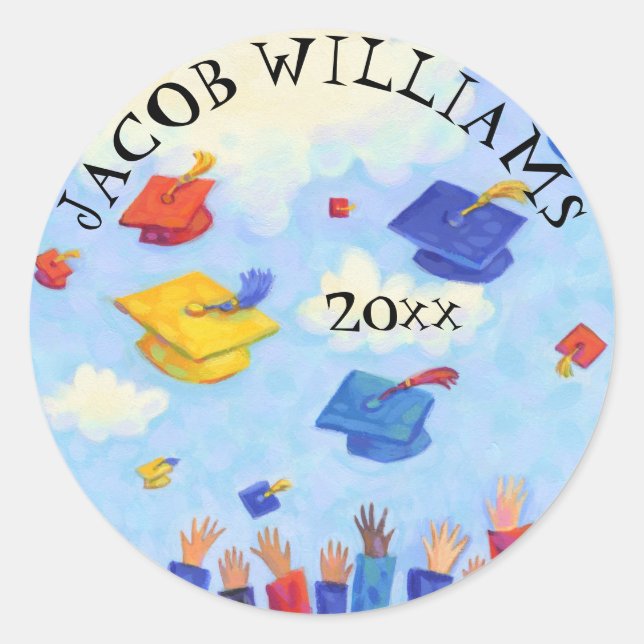 Whimsical Graduation Cap Toss Personalized Classic Round Sticker (Front)