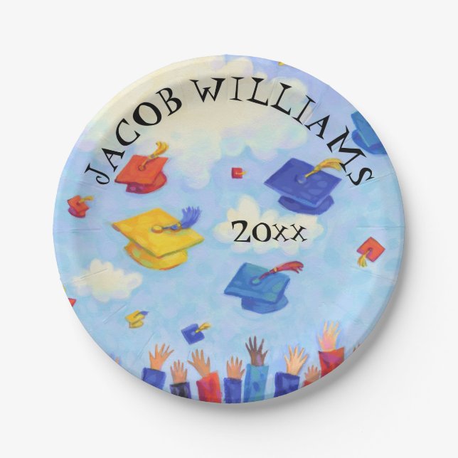 Whimsical Graduation Cap Toss Personalized Paper Plates (Front)