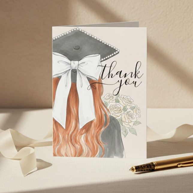 Whimsical Graduation Cap with Bow & Pearls Script Letterpress Thank You Card (Whimsical Graduation Cap with Bow & Pearls Script Thank You Card)