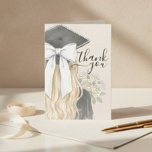 Whimsical Graduation Cap with Bow & Pearls Script Letterpress Thank You Card