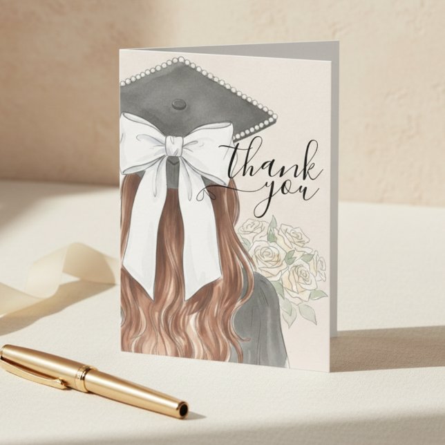 Whimsical Graduation Cap with Bow & Pearls Script Letterpress Thank You Card (Whimsical Graduation Cap with Bow & Pearls Script Thank You Card)