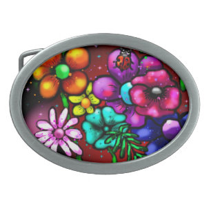 Whimsical Graffiti-Style Floral Flowers Ladybug Belt Buckle