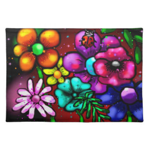 Whimsical Graffiti-Style Floral Flowers Ladybug Cloth Placemat
