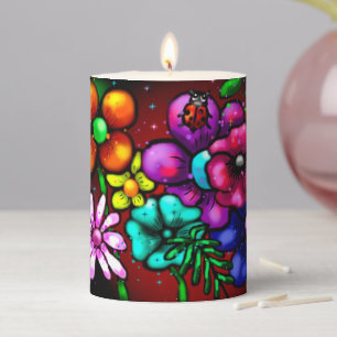 Whimsical Graffiti-Style Floral Flowers Ladybug Pillar Candle