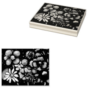 Whimsical Graffiti-Style Floral Flowers Ladybug Rubber Stamp