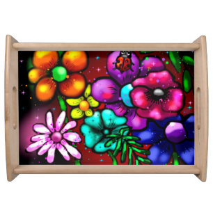 Whimsical Graffiti-Style Floral Flowers Ladybug Serving Tray