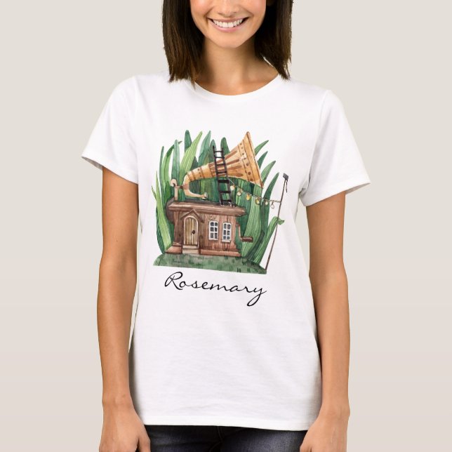 Whimsical Gramophone Fairytale House Watercolor T-Shirt (Front)