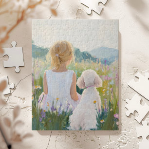 Whimsical Grand Millennial Girl and Dog Art Print Jigsaw Puzzle