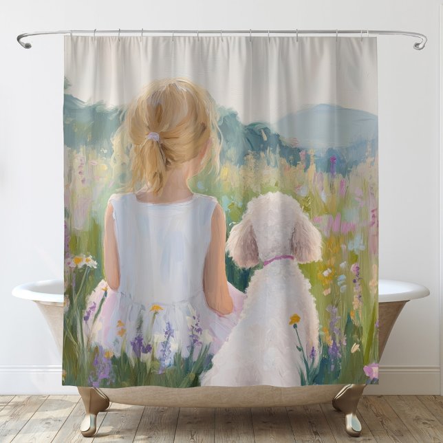 Whimsical Grand Millennial Girl and Dog Art Shower Curtain (Creator Uploaded)