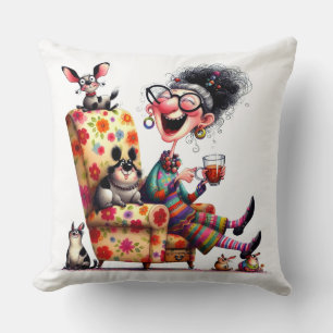 Whimsical Grandma Pillow Colorful Funny Art Pets