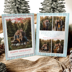 Whimsical Grandmillenial Blue Bow Family Photo Holiday Card