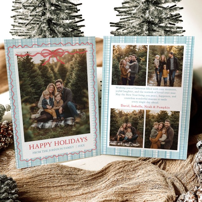 Whimsical Grandmillenial Blue Bow Family Photo Holiday Card (Whimsical Grandmillenial Blue Bow Family Photo Holiday Card)