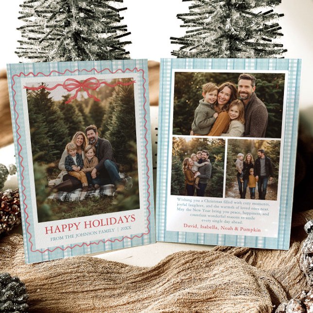Whimsical Grandmillenial Blue Bow Family Photo Holiday Card (Whimsical Grandmillenial Blue Bow Family Photo Holiday Card)