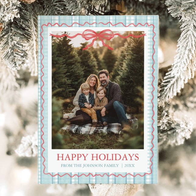 Whimsical Grandmillenial Blue Bow Family Photo Holiday Card (Whimsical Grandmillenial Blue Bow Family Photo Holiday Card)