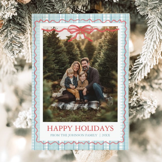 Whimsical Grandmillenial Blue Bow Family Photo Holiday Card (Whimsical Grandmillenial Blue Bow Family Photo Holiday Card)