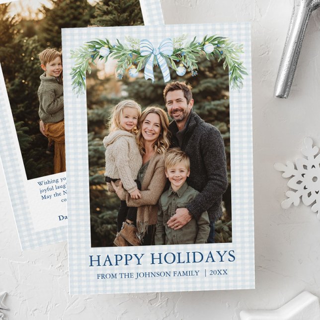 Whimsical Grandmillenial Blue Bow Family Photo Holiday Card (Whimsical Grandmillenial Blue Bow Family Photo Holiday Card)
