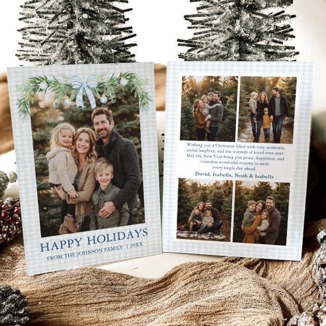 Whimsical Grandmillenial Blue Bow Family Photo Holiday Card (Whimsical Grandmillenial Blue Bow Family Photo Holiday Card)