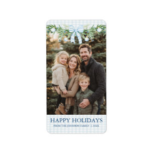 Whimsical Grandmillenial Blue Bow Family Photo Label