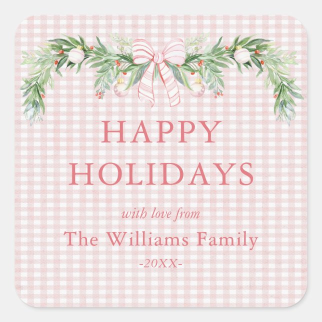 Whimsical Grandmillenial Gingham Pink Bow Garland  Square Sticker (Front)