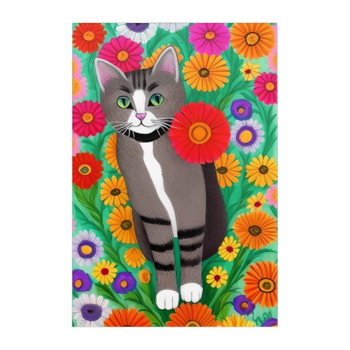 Whimsical Gray and White Cats and Red Flower Acrylic Print