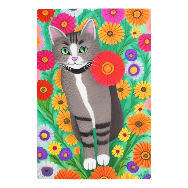 Whimsical Gray and White Cats and Red Flower Metal Print (Front)